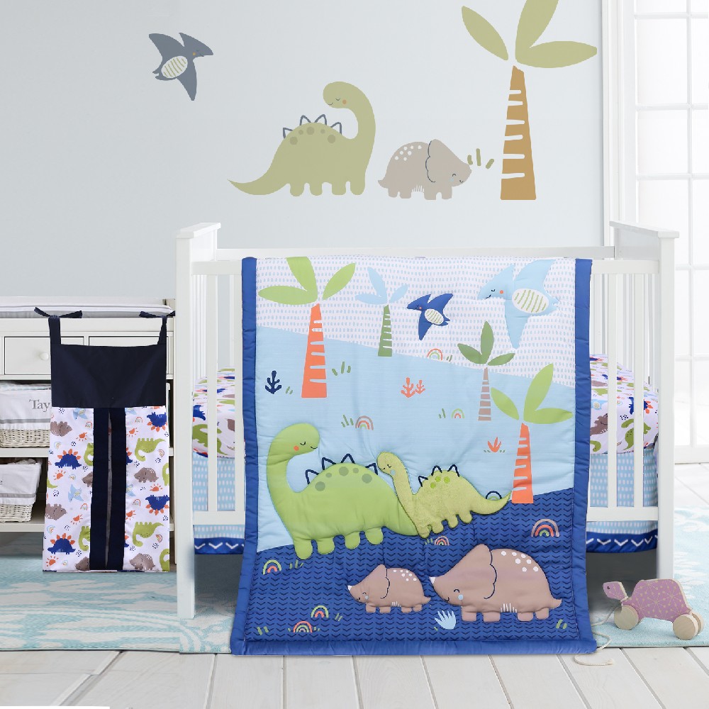 GOPHRALOVE Crib Bedding Set for Boys Dinosaur 3D Soft Microfiber Toddler Boy Crib Bedding Set 4-Piece for Baby Nursery Including Comforter Crib Sheet Skirt Diaper Stacker